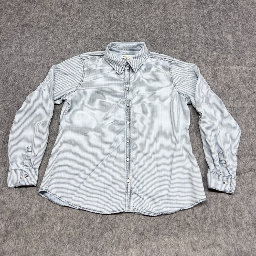 Foxcroft Shirt Womens 10P Blue Stripe Tencel Button Front Roll Tab Casual Preppy